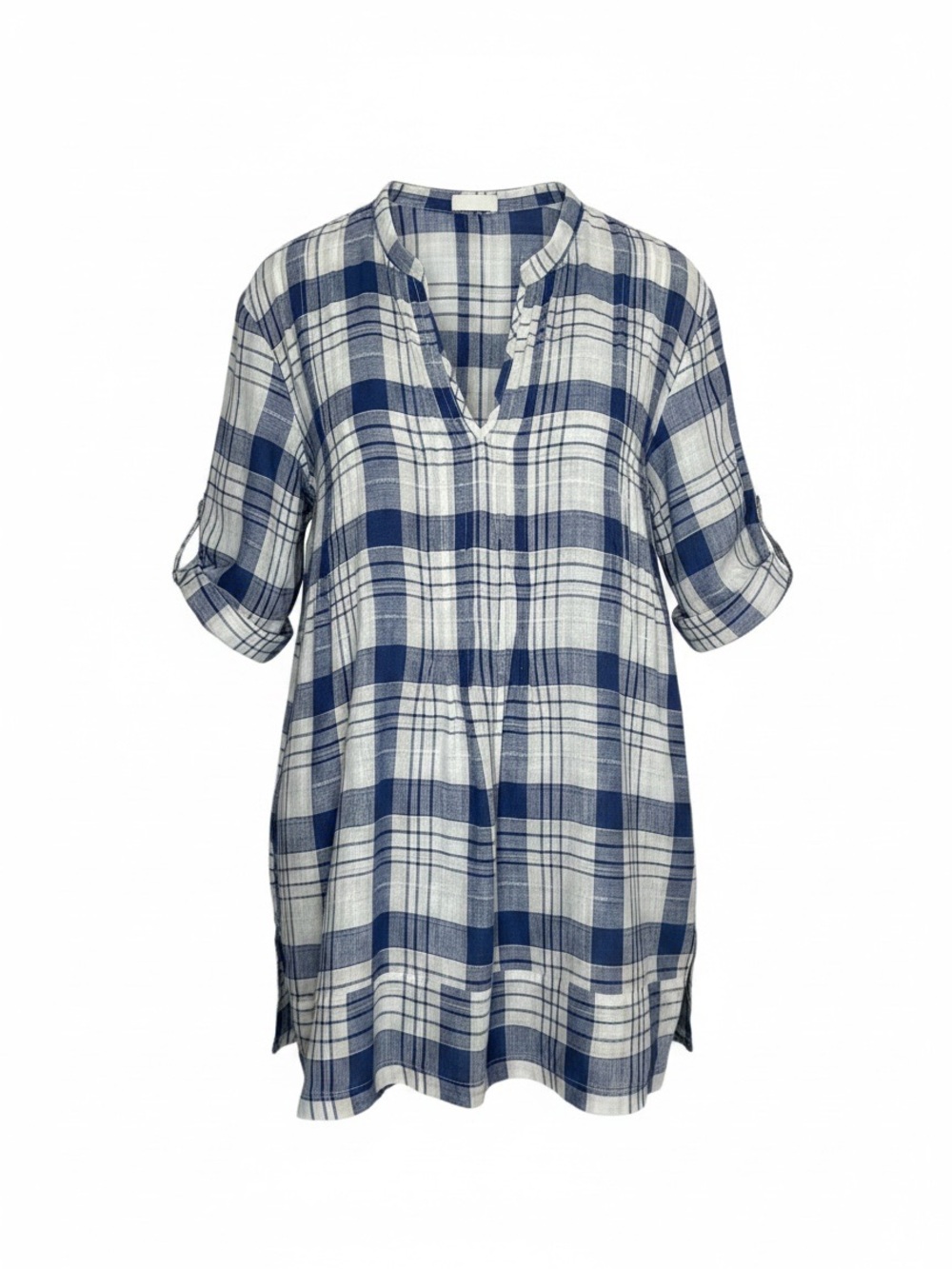 CP Shades Linen Plaid Tunic Dress Navy Pullover Popover Large